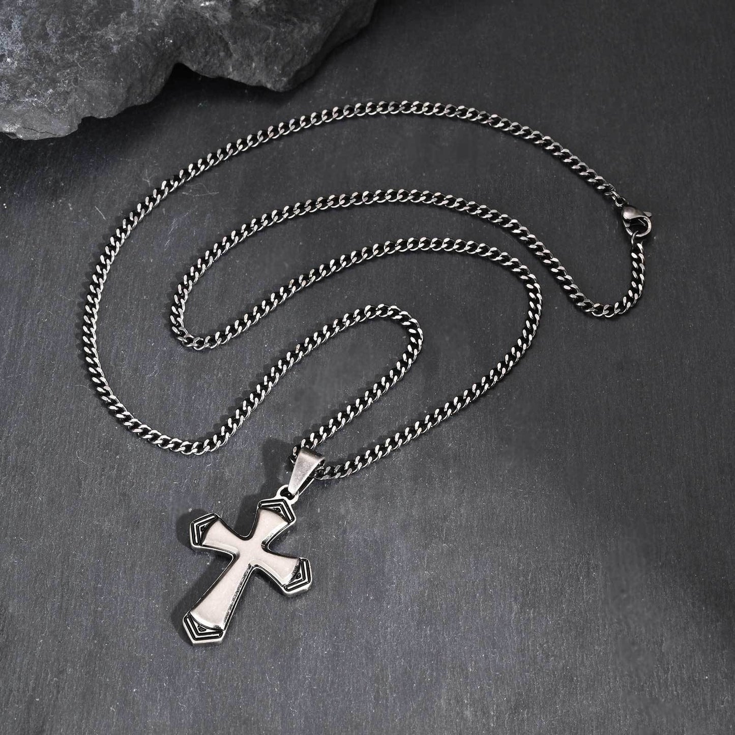 Kemstone Stainless Steel Faceted Cross Pendant Necklace for Men PN-2263