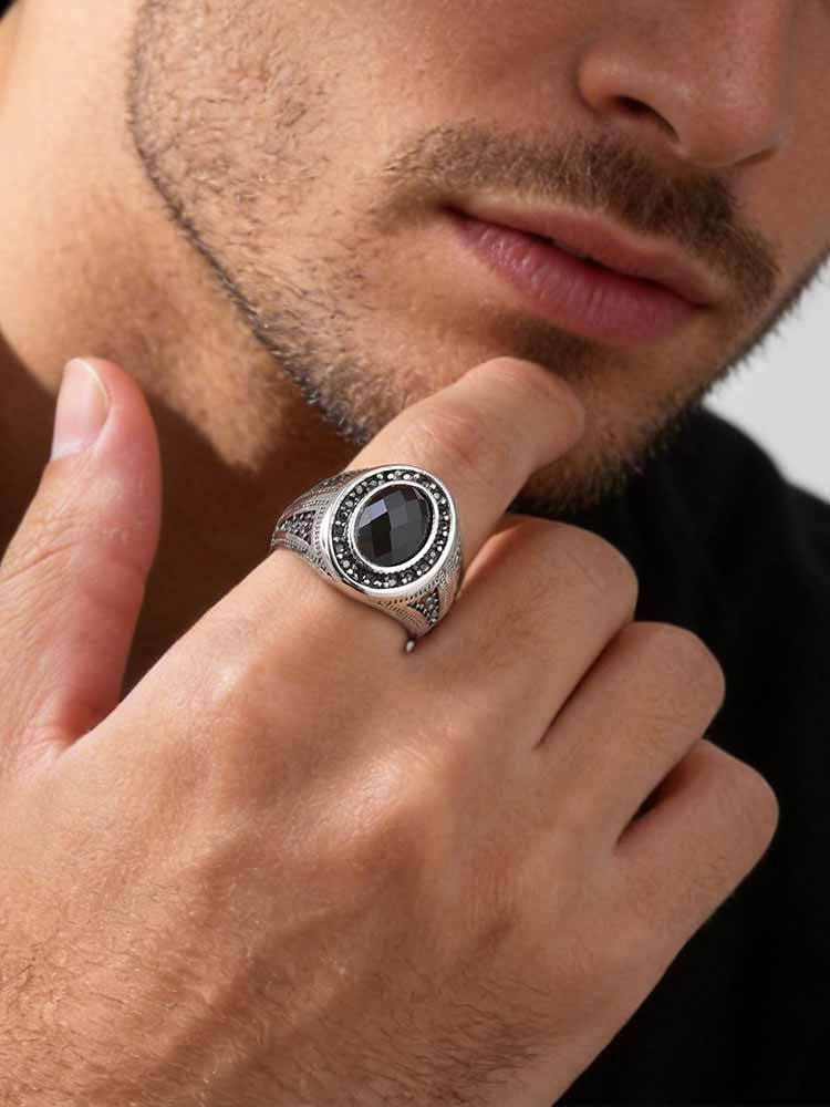 Kemstone Stainless Steel Black Oval Signet Ring Vintage Glass Detail for Men RC-842