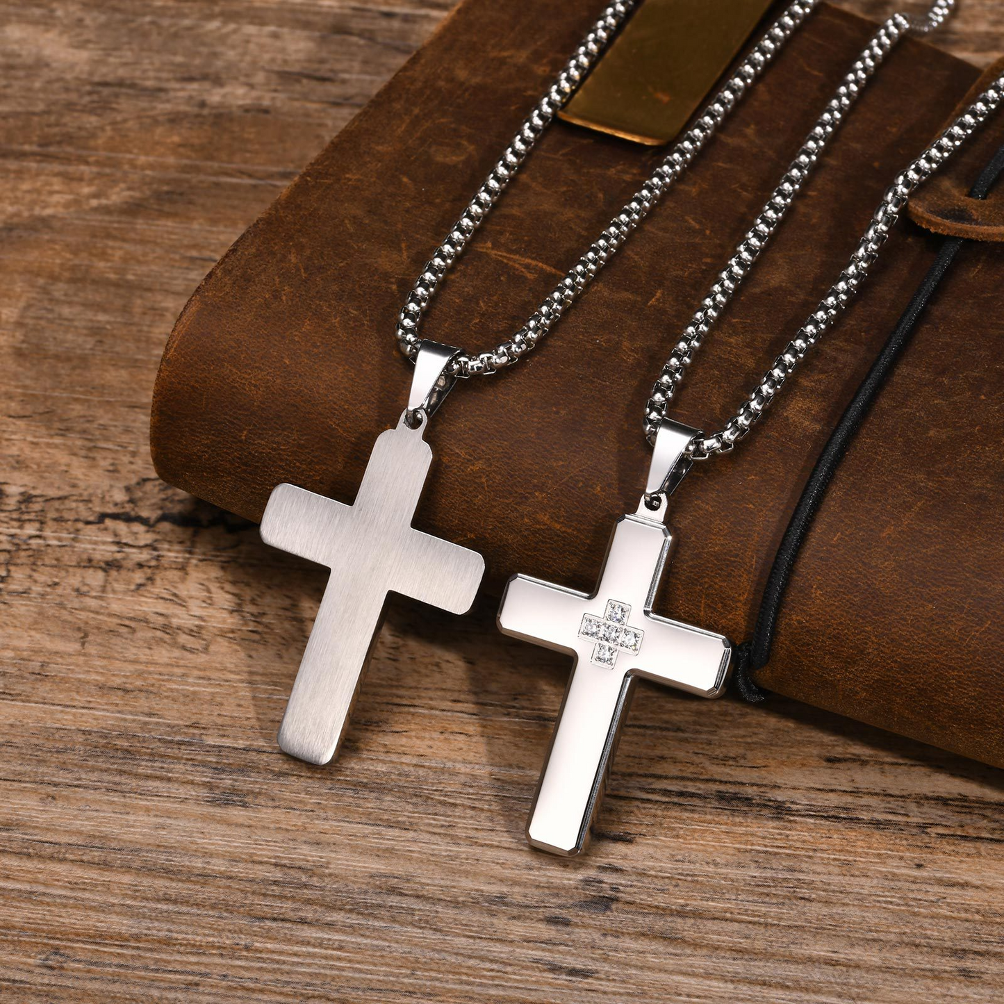 Kemstone Stainless Steel Cross Pendant Necklace with Cubic Zirconia Inlay for Men PN-2044