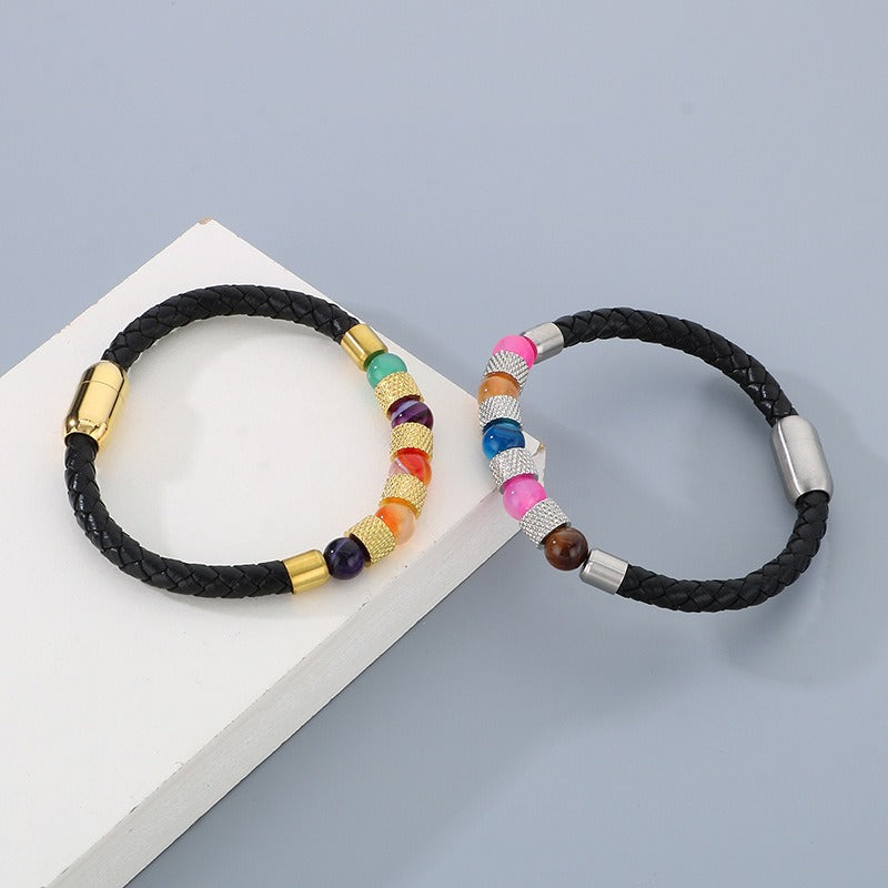 Kemstone Braided Faux Leather Quartz Bead Bracelet for Men KB179957-YA