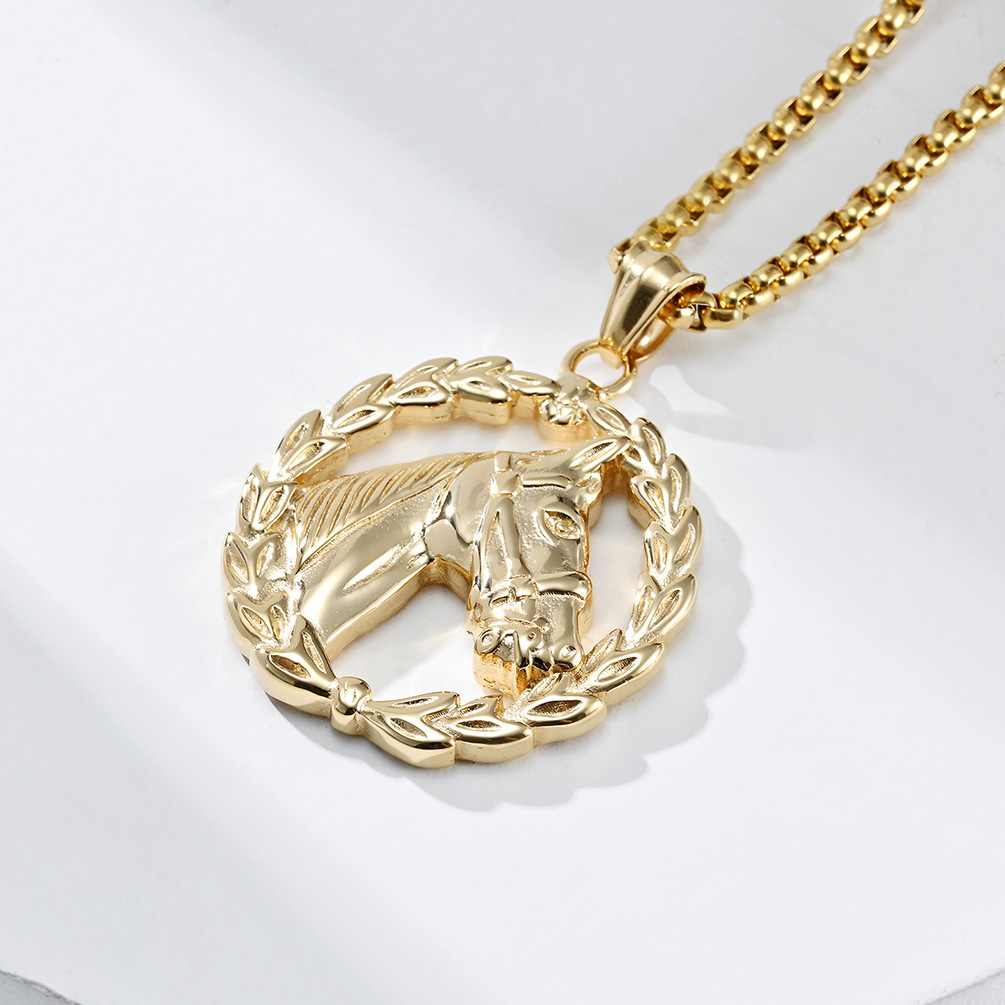 Kemstone Stainless Steel Horse Head Wreath Pendant Necklace for Men - Vintage Style K-PT448