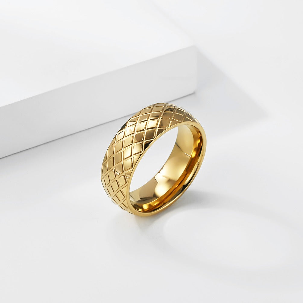 Kemstone Stainless Steel Geometric Grid Ring for Men 8mm Vintage Textured Pattern K-R1183