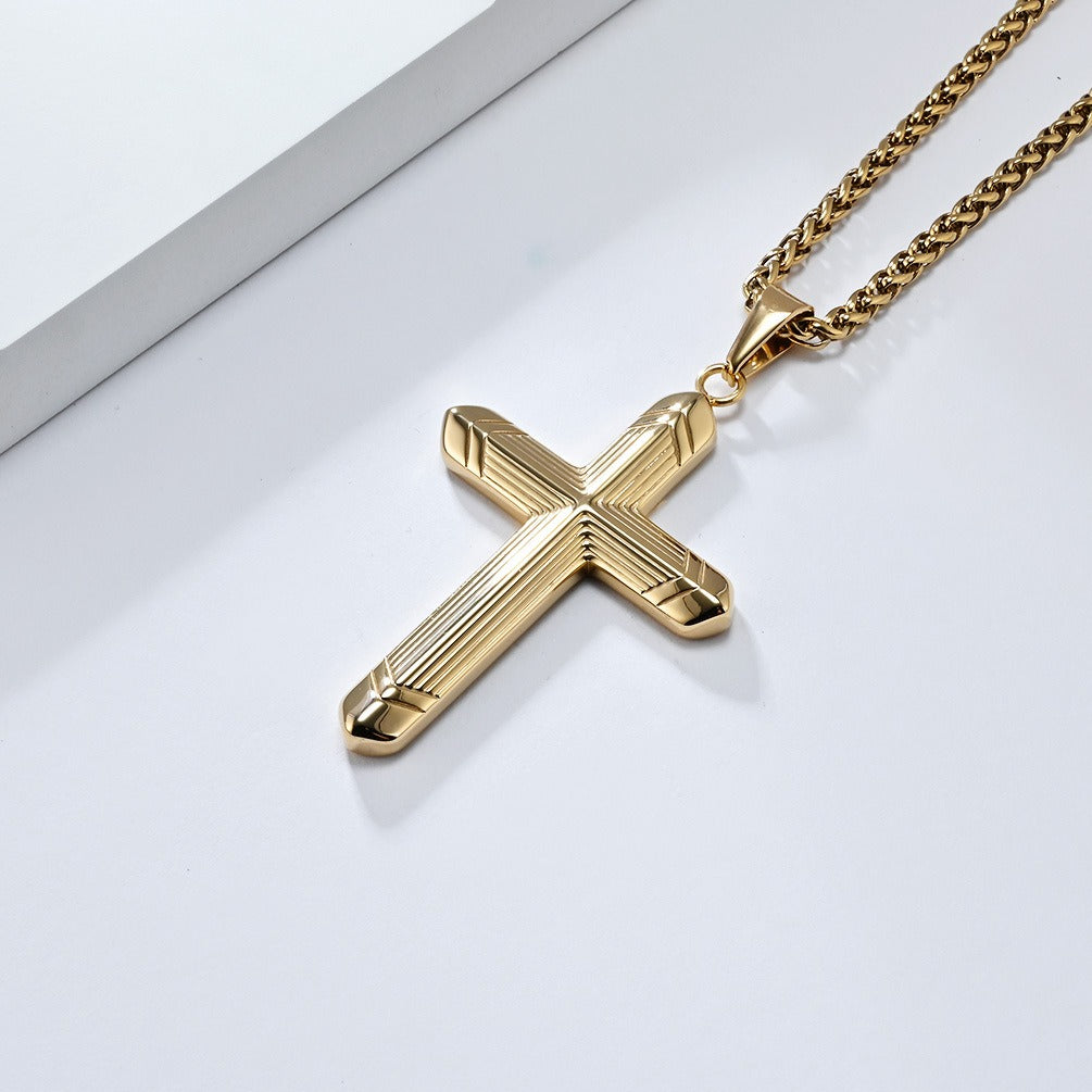 Kemstone Stainless Steel Cross Pendant Necklace for Men – Engraved Line Relief, Silver Gold Black K-PT588