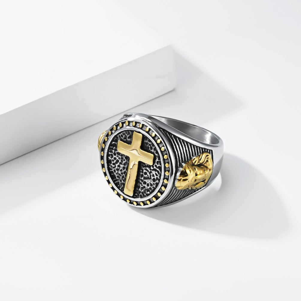 Kemstone Titanium Steel Cross Medallion Ring for Men Two Tone Round Signet Vintage Style Silver Gold Black K-R1140
