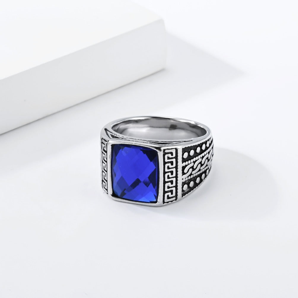 Kemston Stainless Steel Engraved Square Stone Signet Ring for Men R7007