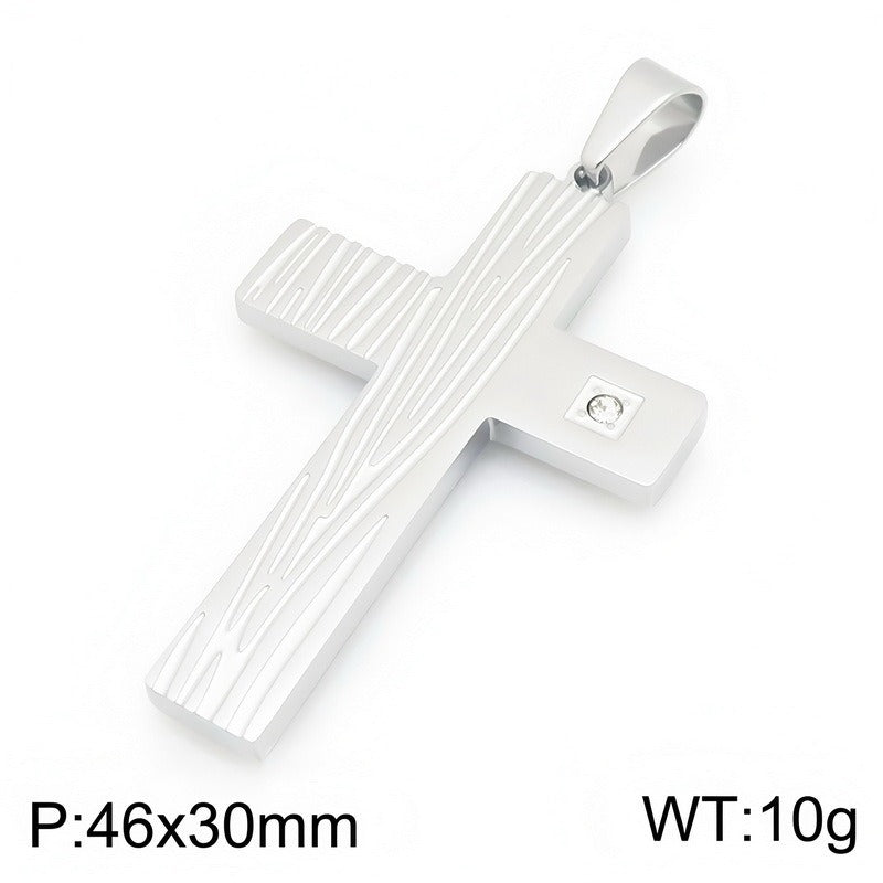 Kemstone Wood Grain Cross Pendant Necklace for Men Stainless Steel Cubic Zirconia Accent KP119491-HR