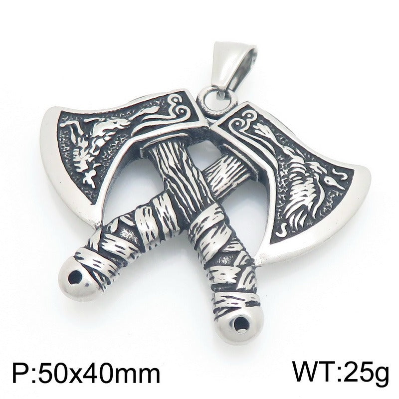 Kemstone Viking Axe Pendant Necklace Titanium Steel Wolf Head Celtic Knot Style for Men Silver KP117026-LU