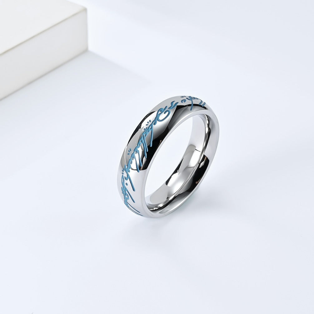 Kemstone Glow in the Dark Elvish Ring – Titanium Steel Script Band Gothic Norse Fantasy | K-R740