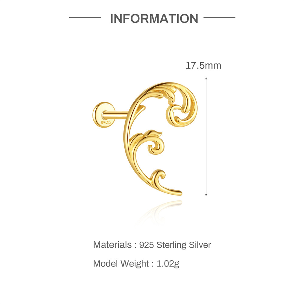 Kemstone 925 Sterling Silver Snake Cartilage Stud for Women Flat Back Piercing Earring Gold 60267192110C