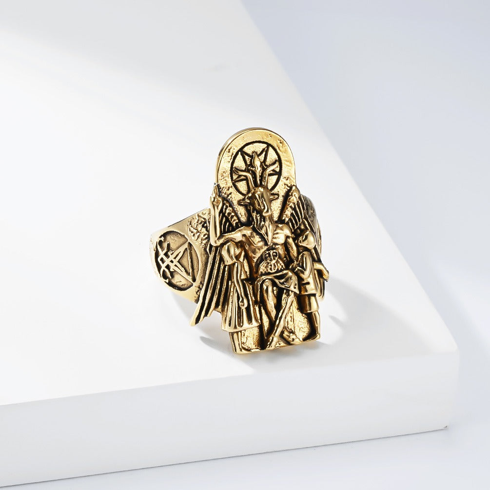Kemstone Stainless Steel Goat Head Signet Ring – Gothic Vintage Style for Men K-R1154