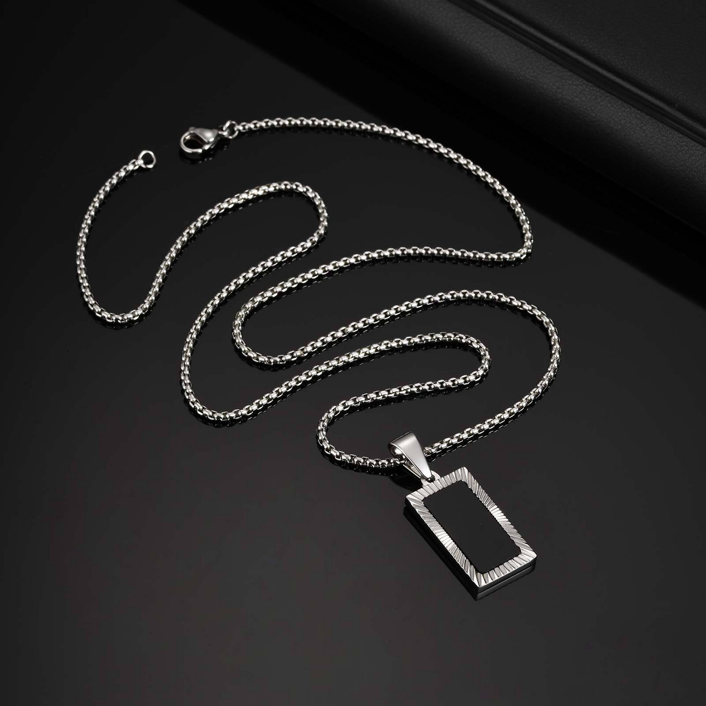 Kemstone Stainless Steel Carved Black Acrylic Rectangular Pendant Necklace for Men – Vintage Frame Design PN-2188