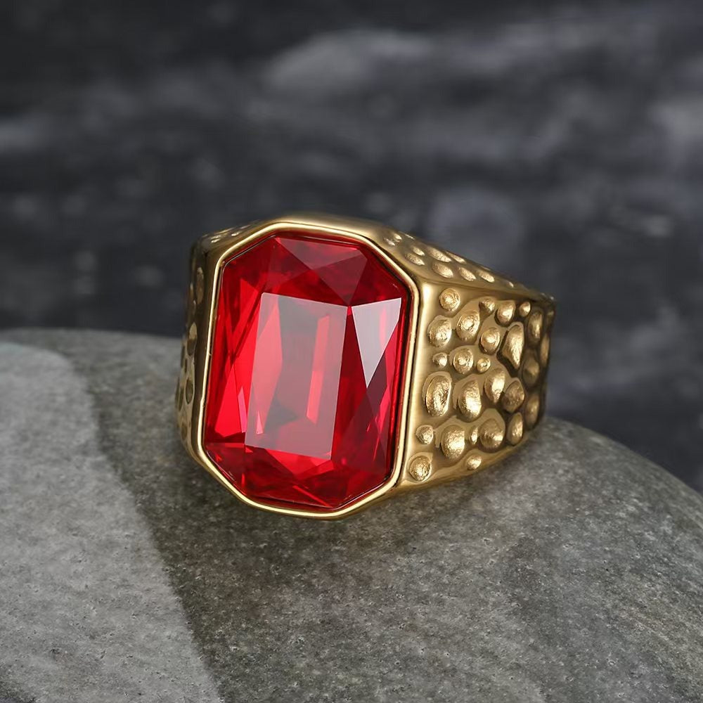 Kemstone Men’s Stainless Steel Hip Hop Ring – Gold Crystal Band TR0505