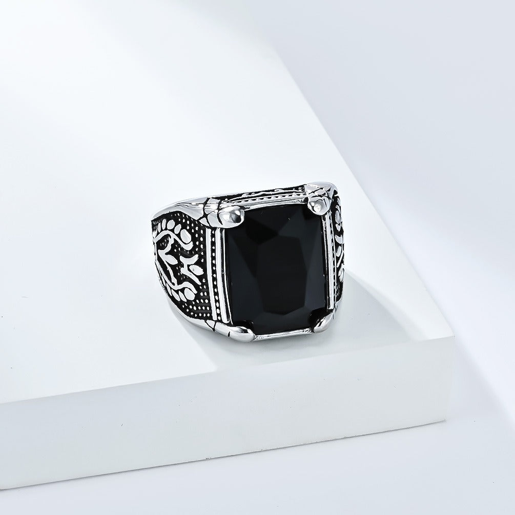 Kemstone Men’s Stainless Steel Ring – Vintage Tulip Glass Stone K-R1014