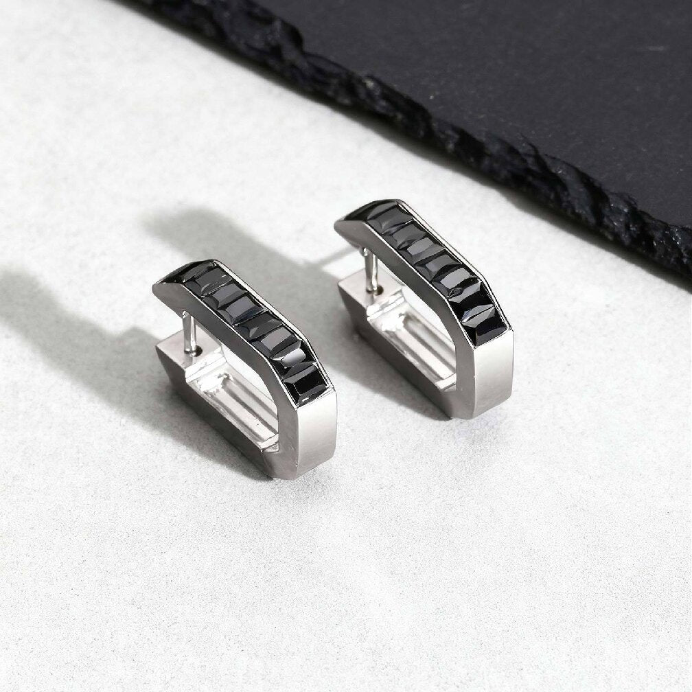 Kemstone Octagon Hoop Earrings for Men Stainless Steel Black Silver EH-802