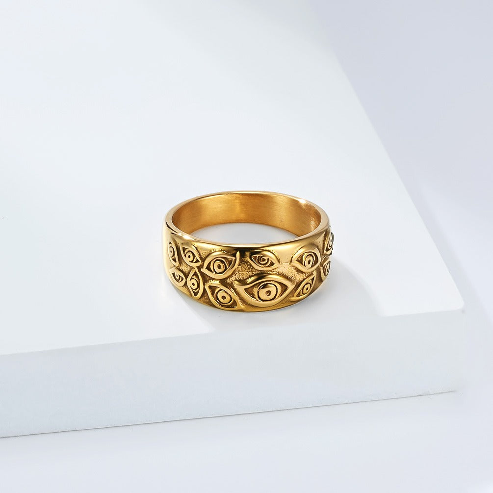 Kemstone Titanium Steel Evil Eye Ring for Men – 10mm Gothic Demon Band Jewelry, Silver/Gold/Black K-R1082