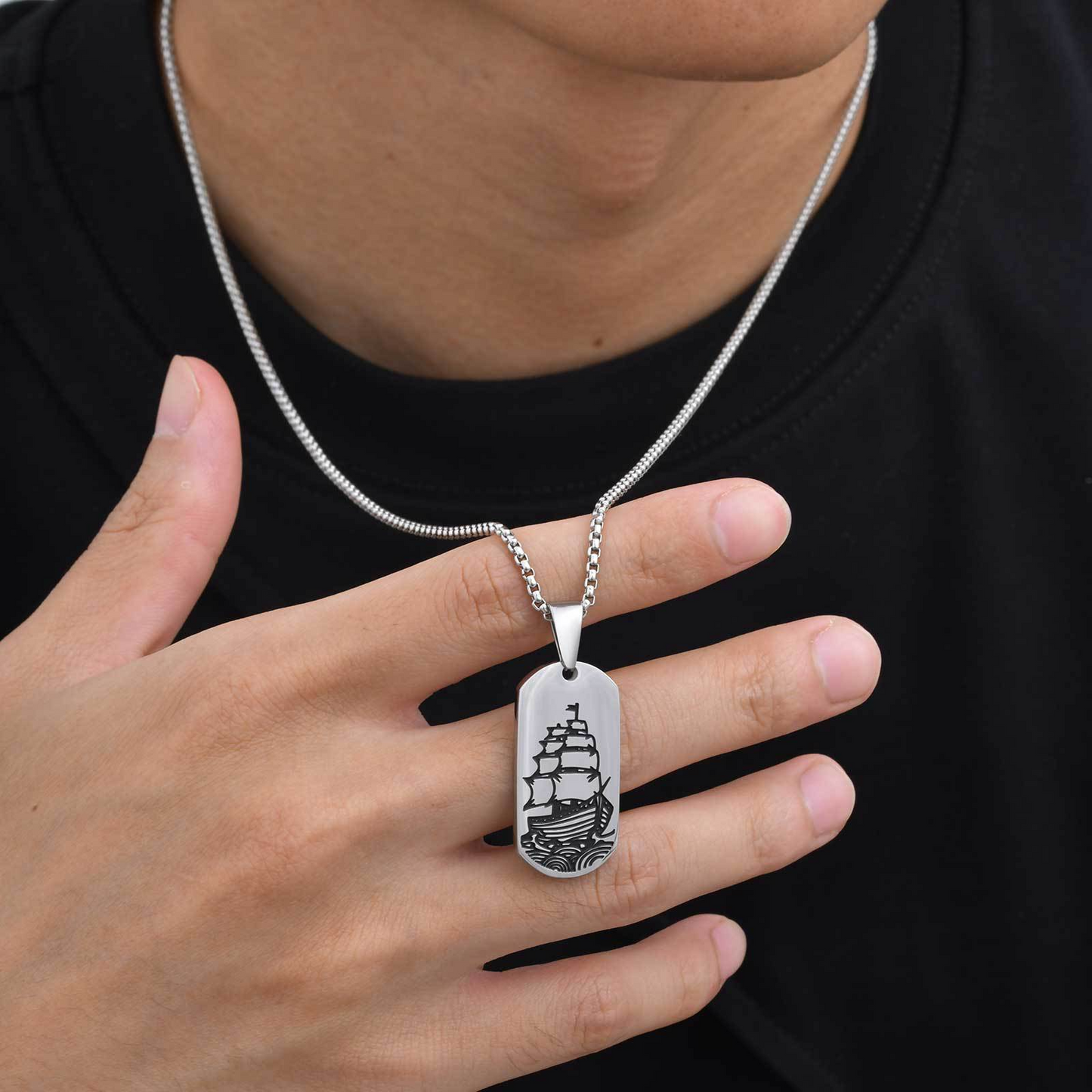 Stainless Steel Wave Tag Necklace – Black Etched Sailboat Pendant for Men PN-2168