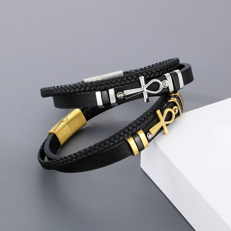 Kemstone Layered Leather Bracelet for Men Stainless Steel Cross Detail KB180738-JR