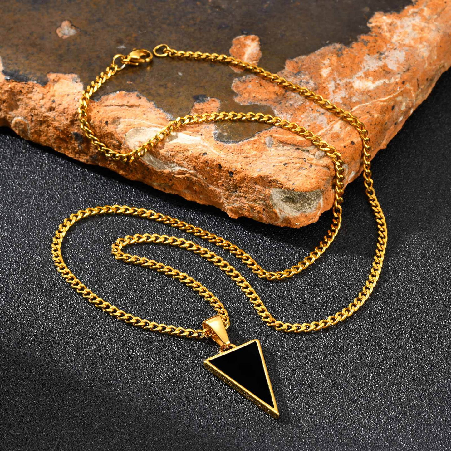 Kemstone Men’s Black Onyx Triangle Necklace – Stainless Steel Modern Pendant PN-2201