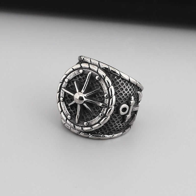 Kemstone Men's Geometric Titanium Steel Ring - Edgy Star & Anchor Tribal Design for Hip Hop Streetwear KR44629-BD