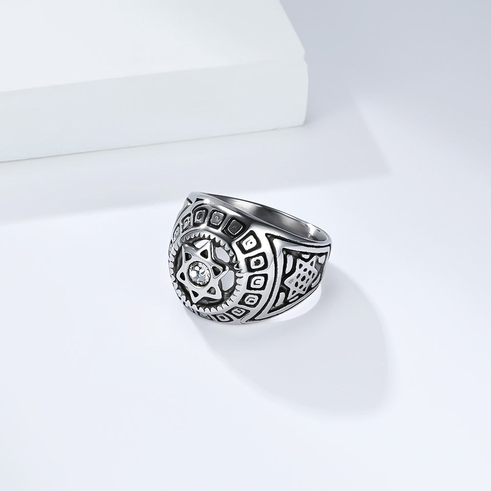 Kemstone Men’s Stainless Steel Hexagram Ring – Six-Pointed Star Zircon Jewelry K-R1091