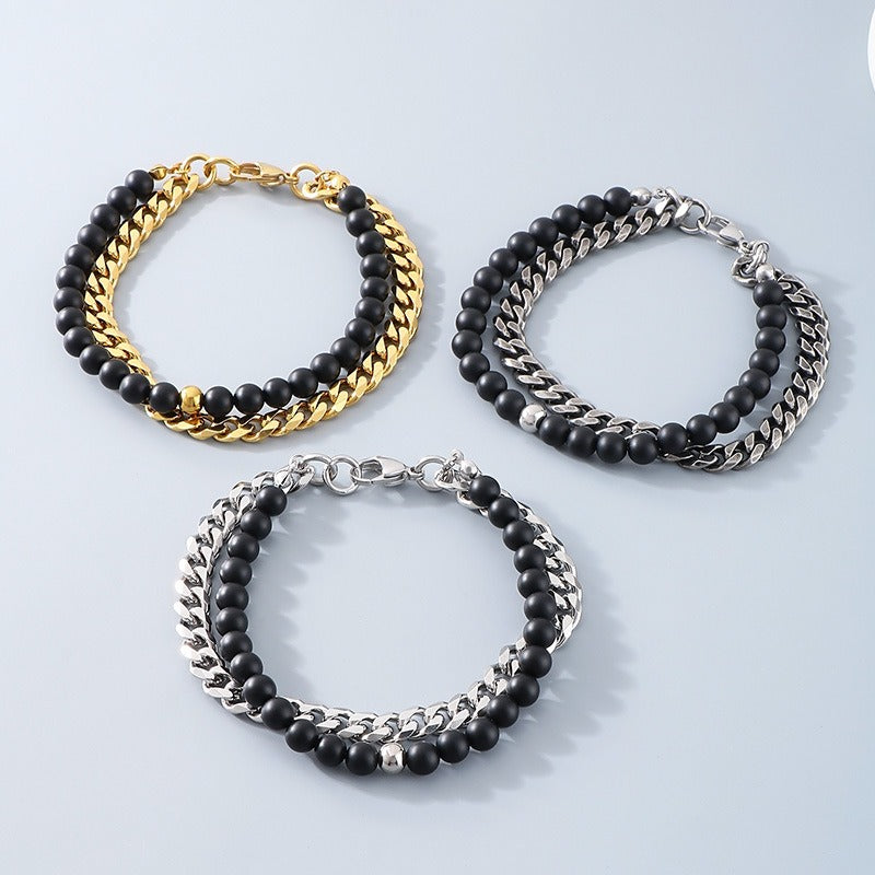 Kemstone Dual-Layer Onyx & Cuban Chain Bracelet – Stainless Steel Power Symbol KB185323-Z