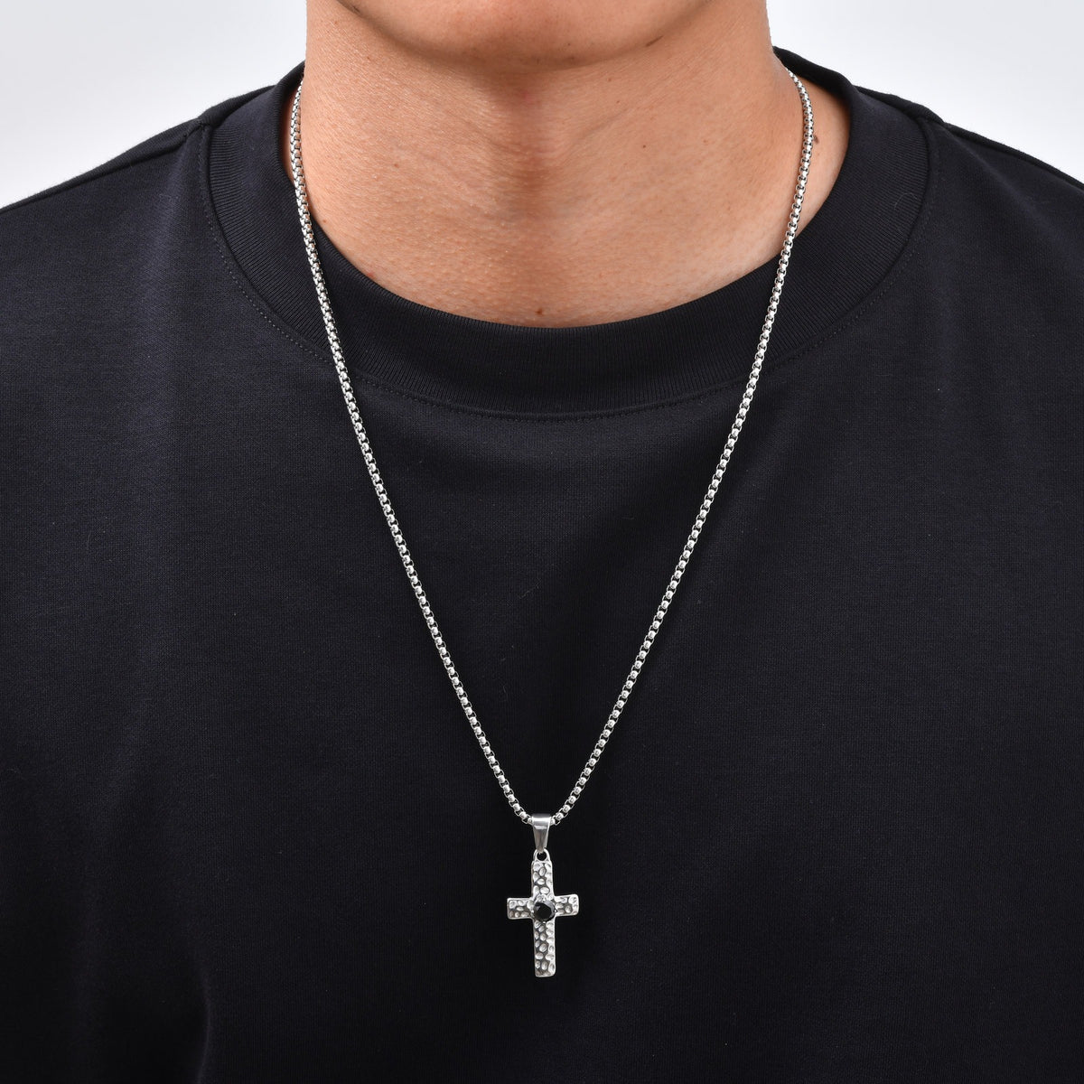 Kemstone Stainless Steel Hammered Cross Necklace for Men Cubic Zirconia Center PN-247