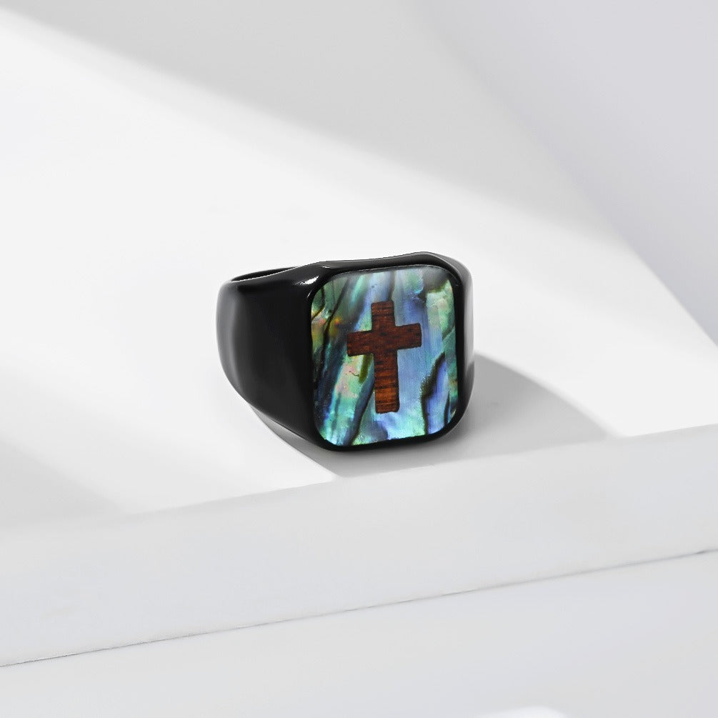 Kemstone Abalone Shell Cross Signet Ring for Men Stainless Steel K-R1239