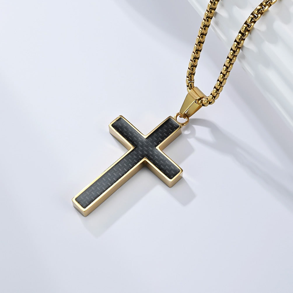 Kemstone Stainless Steel Cross Necklace for Men – Carbon Fiber Inlay Pendant K-PT666