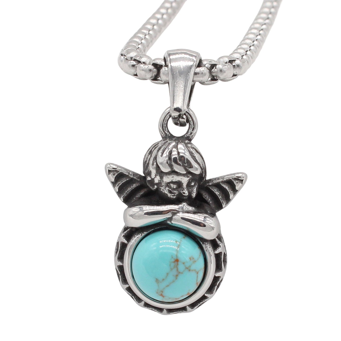 Kemstone Titanium Steel Cherub Pendant Necklace for Men & Women Vintage Stone Charm P1456