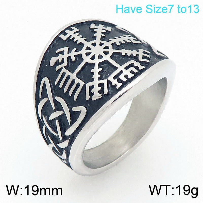 Kemstone Viking Rune Signet Ring for Men Titanium Steel Compass Celtic Knot Wide Band Silver Gold KR114478-MZOZ