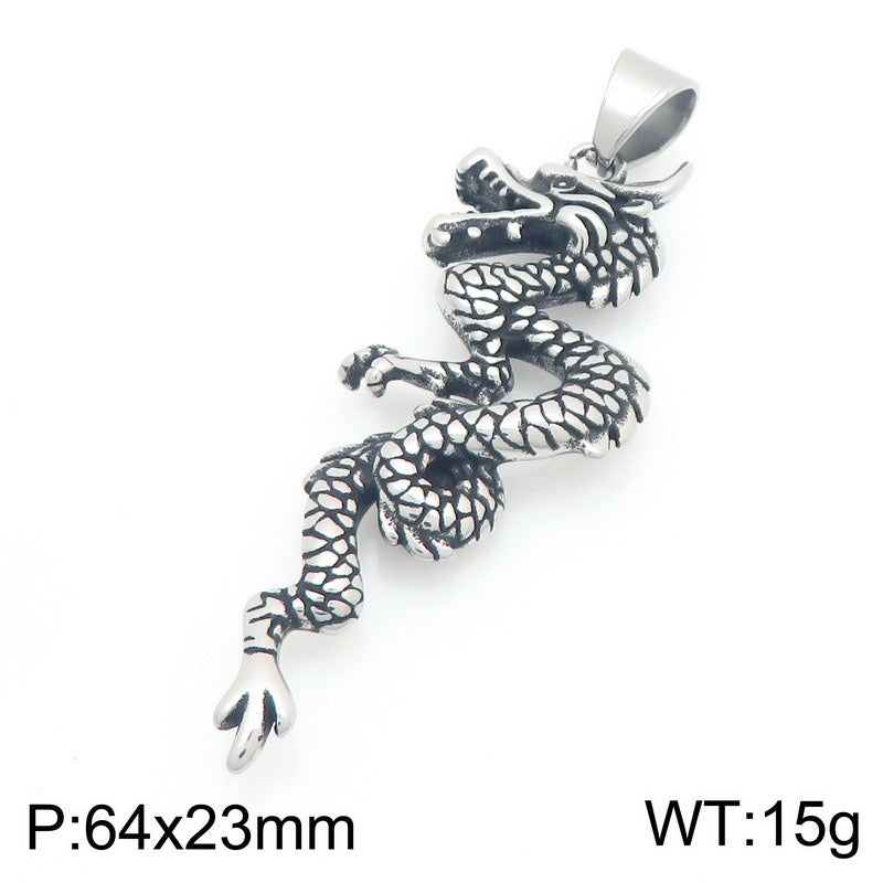 Kemstone Dragon Pendant Necklace for Men Titanium Steel Vintage Oxidized Silver Animal Chain KP117731-LU