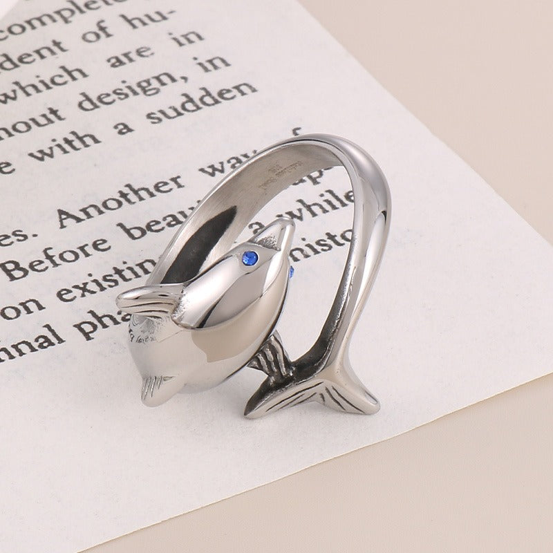 Kemstone Dolphin Ring for Men Titanium Steel Blue Eye Ocean Design KR104181-BDJX