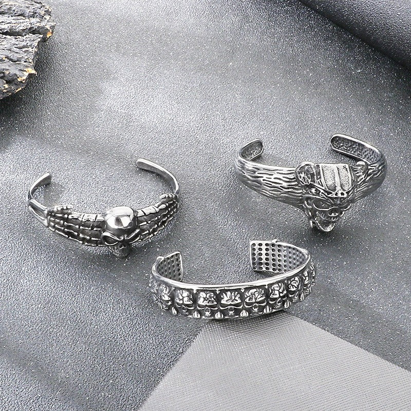 Kemstone Viking Skull Cuff Bracelet Titanium Steel Gothic Open Bracelet for Men KB209286-LU