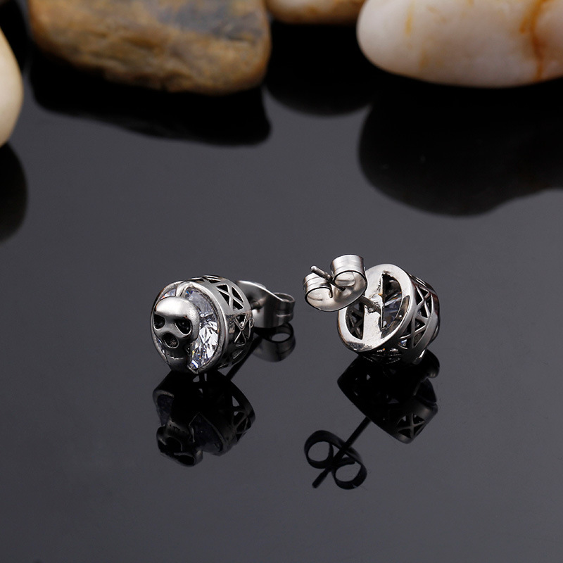 Kemstone Skull Cubic Zirconia Stud Earrings for Men – Titanium Steel Gothic Style KE71215