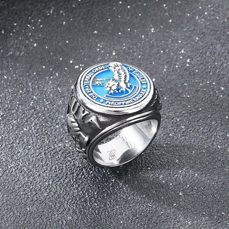 Kemstone Titanium Steel Eagle Ring – Blue Enamel Vintage Signet Jewelry, Symbol of Freedom KR114201-LU