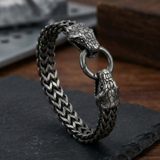 Kemstone Titanium Steel Double Snake Head Chain Bracelet Vintage Style for Men KB139889-KJX