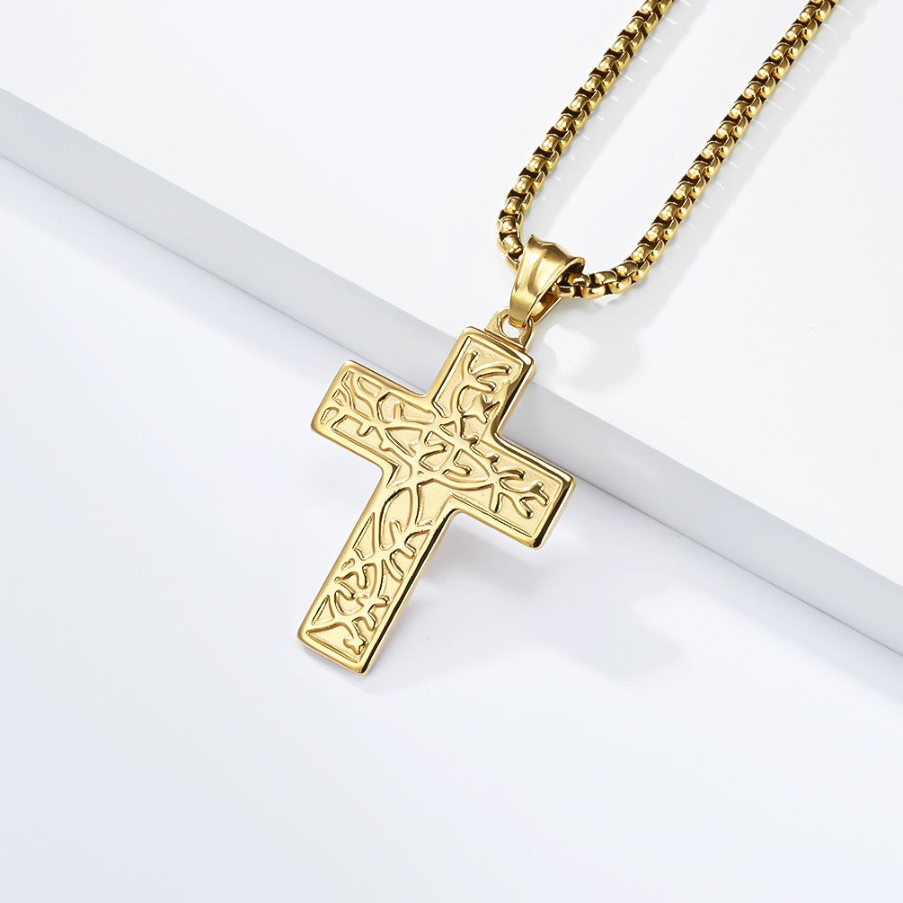Kemstone Stainless Steel Cross Pendant Necklace for Men Vintage Engraved Tree of Life Lightweight K-PT725