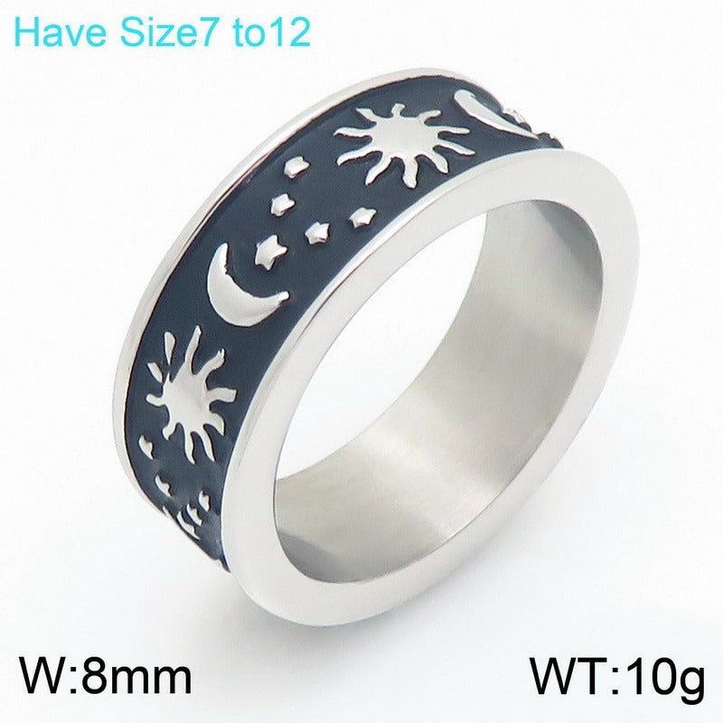 Kemstone Titanium Steel Sun Moon Star Ring for Men Vintage Symbol Band KB158011-Z