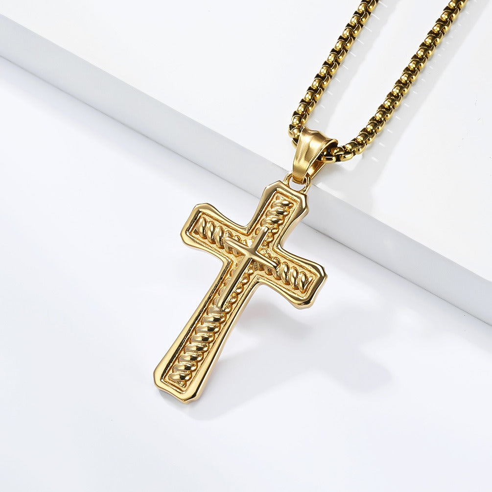 Kemstone Stainless Steel Layered Cross Pendant Necklace Rope Texture Detail for Men K-PT716