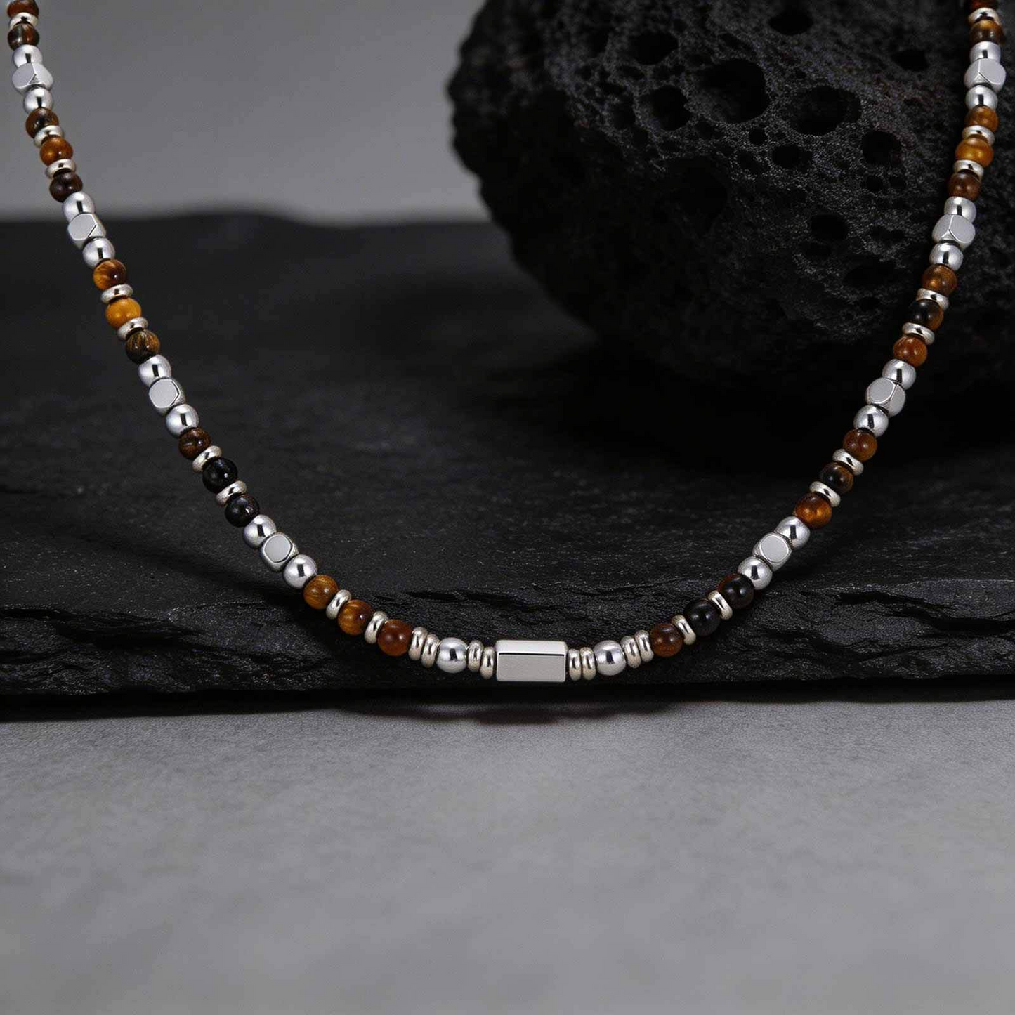 Kemstone Beaded Necklace Stainless Steel Bar Mixed Stone Malachite Turquoise for Men NC-2811