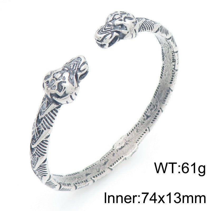 Kemstone Titanium Steel Lion Snake Head Cuff Bracelet for Men Gothic Animal Style KB209337-LU