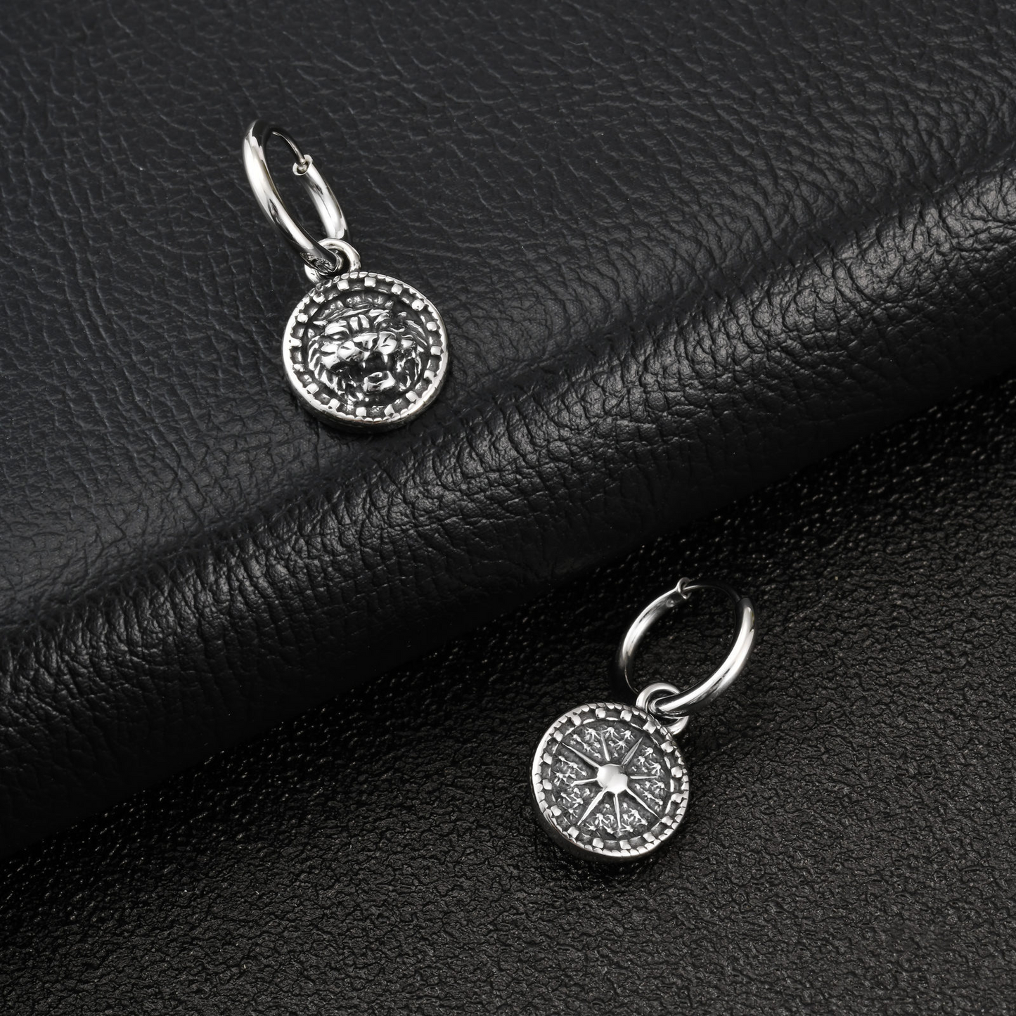 Kemstone Stainless Steel Tiger Coin Dangle Hoop Earring for Men Vintage ED-1085