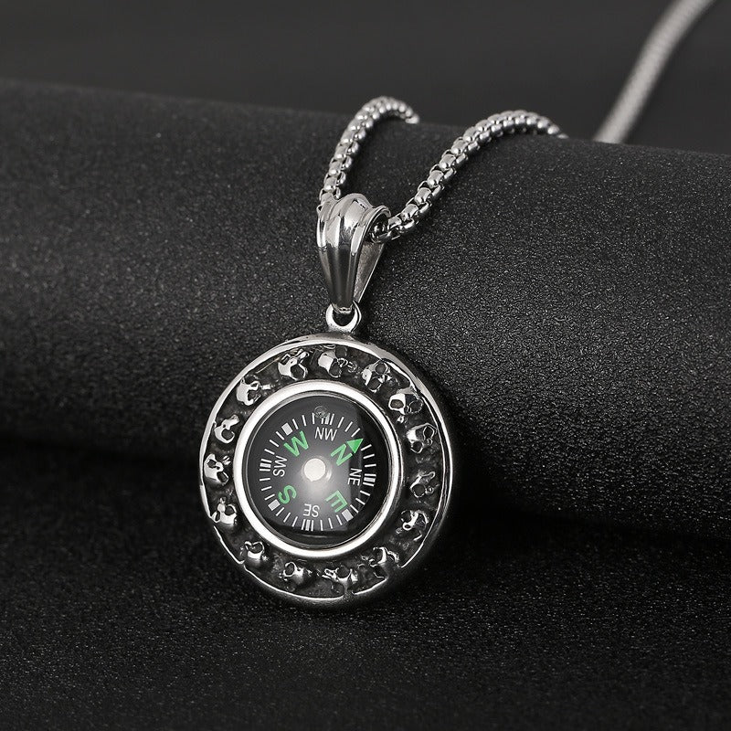 Kemstone Titanium Steel Compass Skull Pendant Necklace for Men Vintage Round Design KP55736-BD