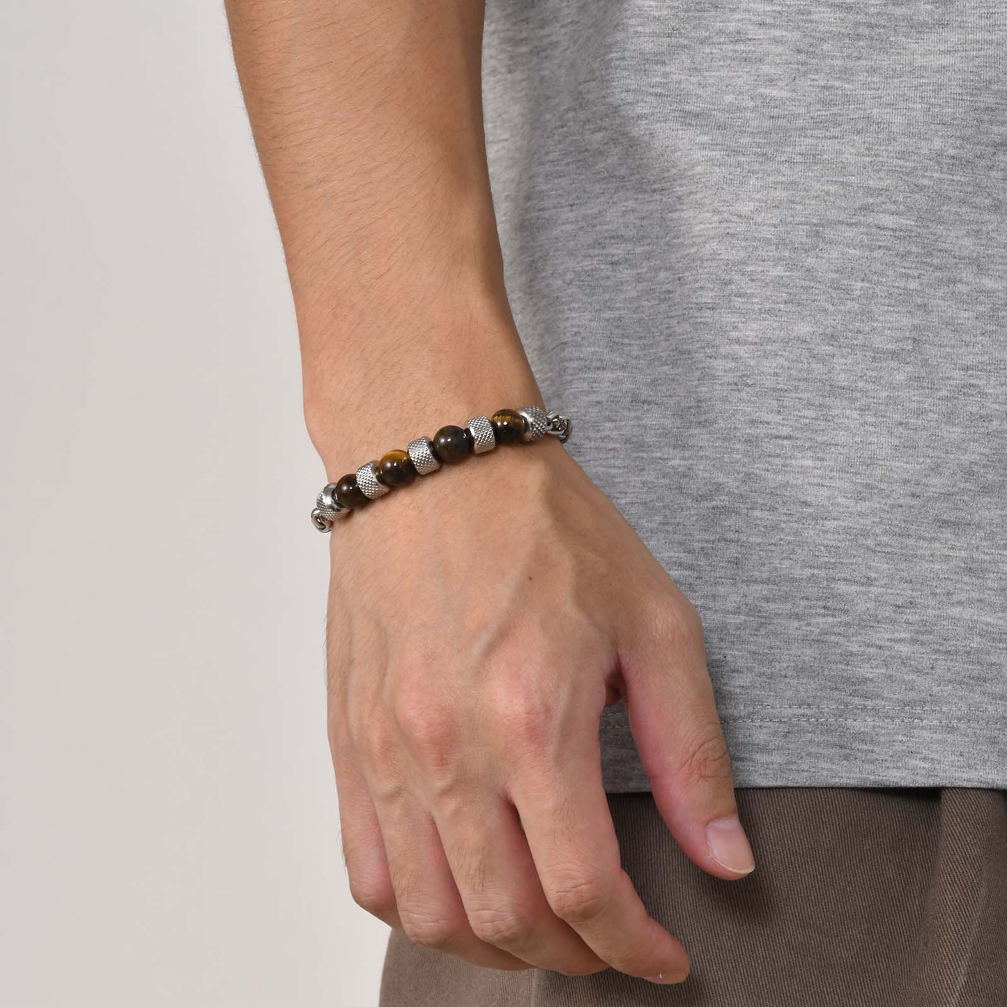 Kemstone Tiger Eye Beaded Chain Bracelet for Men Stainless Steel Natural Stone Adjustable BR-1717