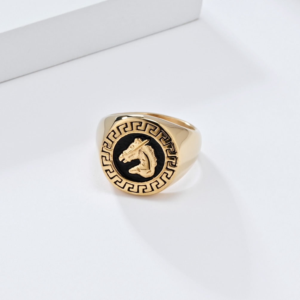 Kemstone Stainless Steel Horse Head Signet Ring – Vintage Relief Style for Men K-R956