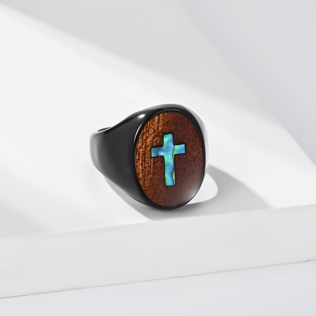Kemstone Wood Inlay Cross Signet Ring for Men Stainless Steel Vintage K-R12390