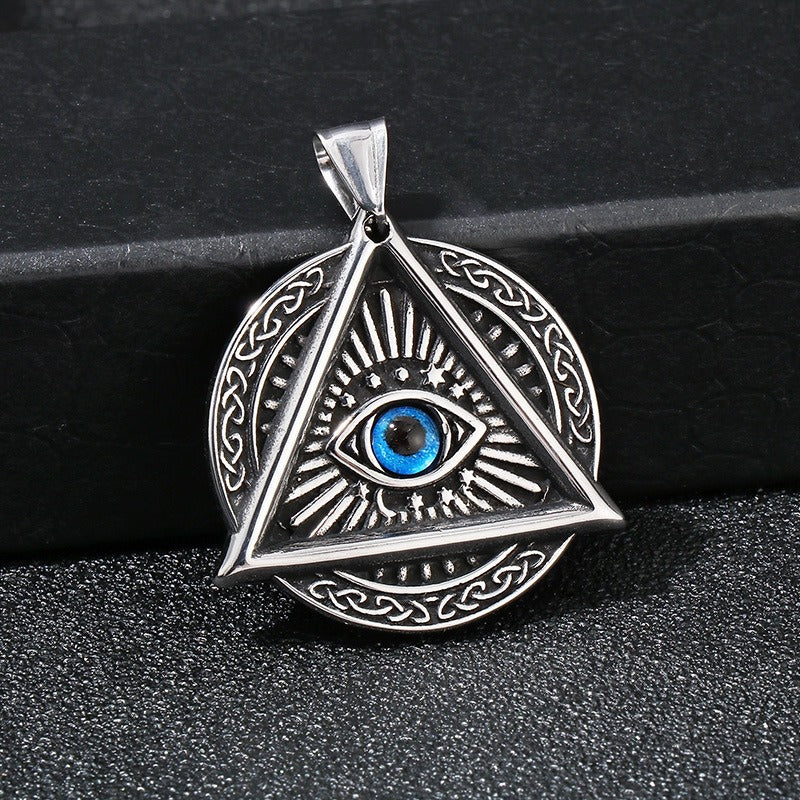 Kemstone Punk Triangle Chain Pendant - Vintage Hexagram Evil Eye Stainless Steel Necklace, Retro Bohemian Men's Fashion Accessory KP119884-MI