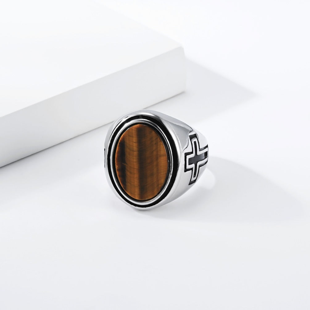 Kemston Oval Stone Signet Ring for Men Stainless Steel Engraved Cross K-R1202