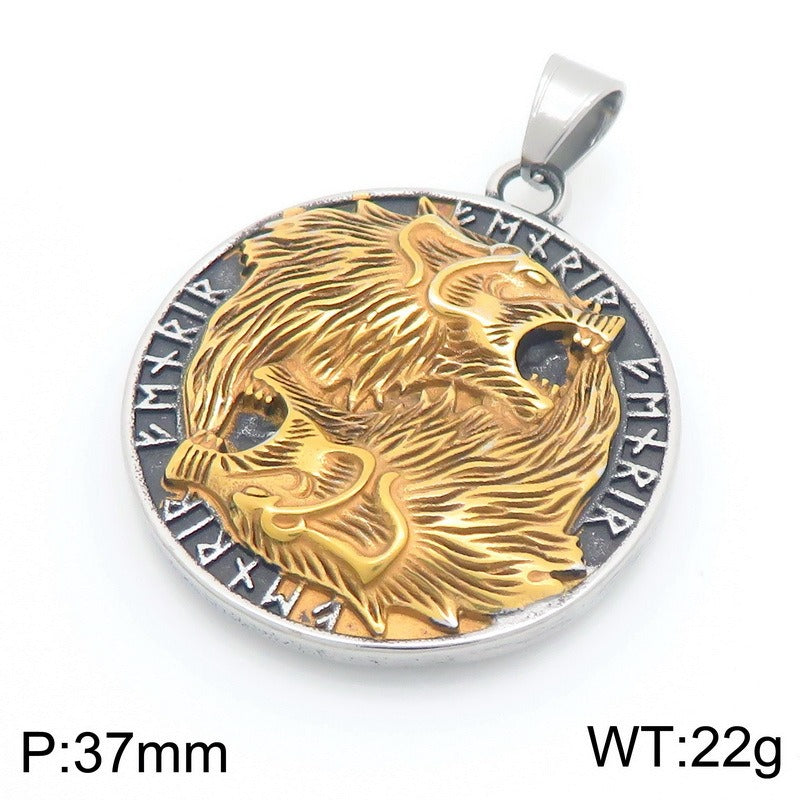 Kemstone Viking Axe Raven Wolf Pendant Necklace Stainless Steel - Rune Coin Norse Style Men KP117708-LU
