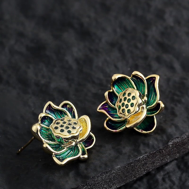 Kemstone Lotus Flower Stud Earrings for Women Enamel Floral Copper TD10865